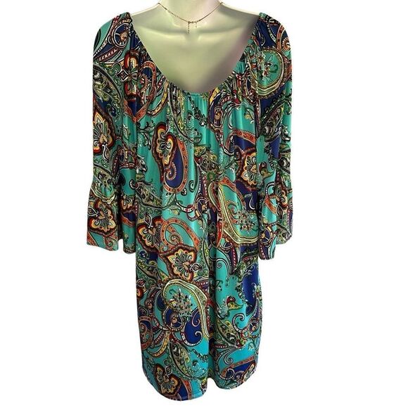 Moa USA Turquoise Paisley Bell Sleeve Boho Dress Women’s XL - Picture 2 of 8